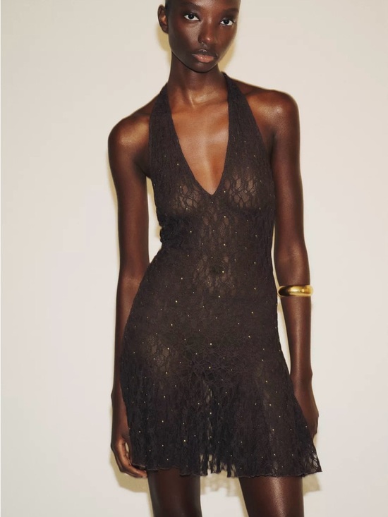 Zara Dresses & Skirts - Zara Black Halter Lace Mini Dress with Subtle Sparkle